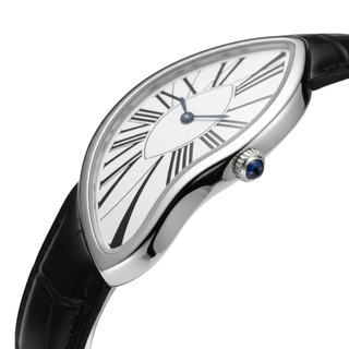 Angled close-up of Melting Watch Silver with its asymmetrical case and black strap
