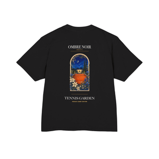 Back of the black Tennis Garden T-Shirt with a colorful garden doorway graphic