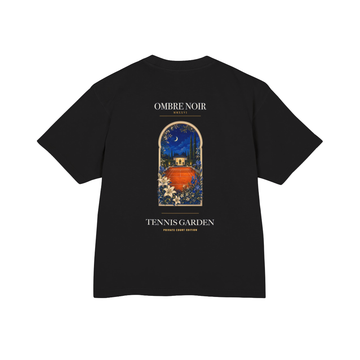 Back of the black Tennis Garden T-Shirt with a colorful garden doorway graphic