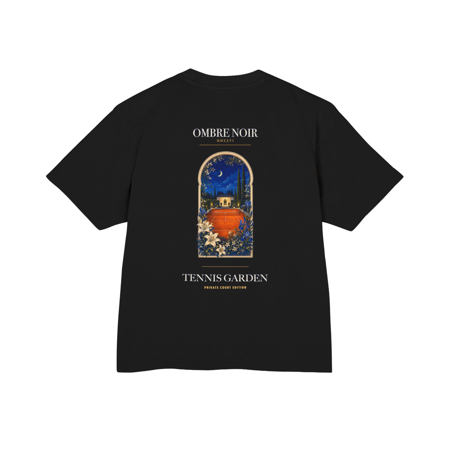 Back of the black Tennis Garden T-Shirt with a colorful garden doorway graphic