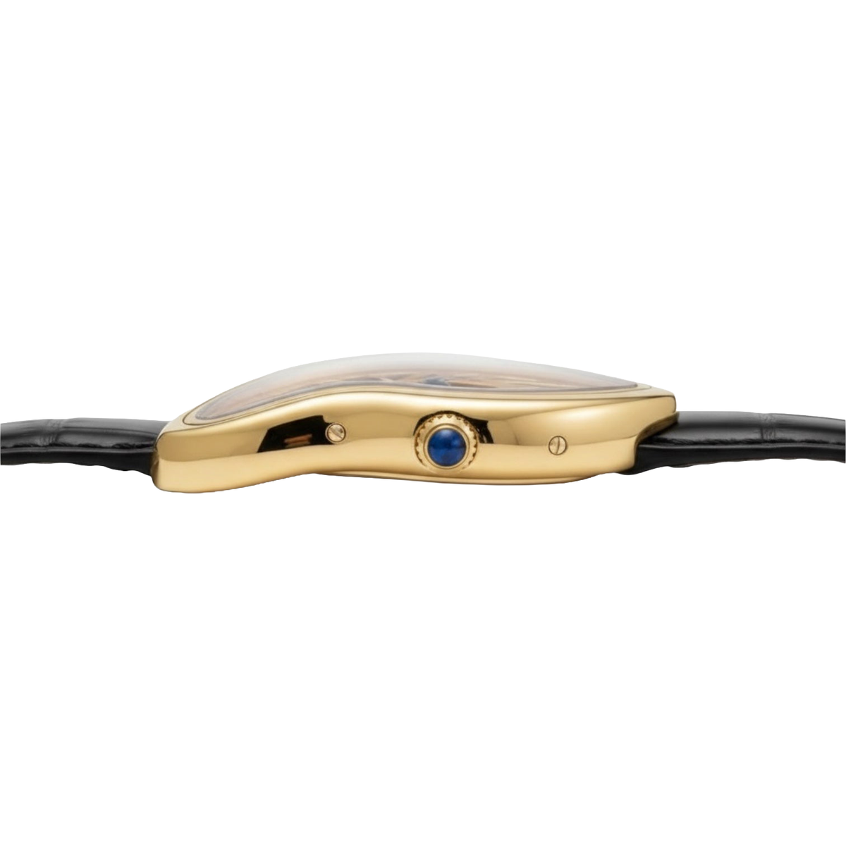 Side profile of Phantom Gold watch showing its curved case and black strap