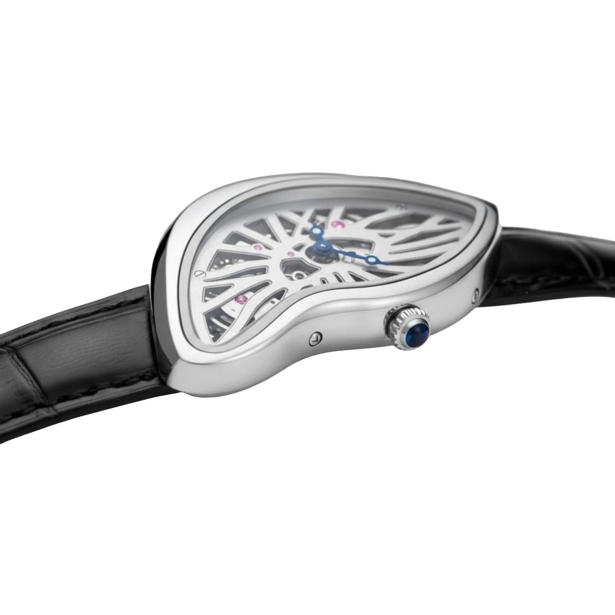 Angled close-up of Phantom Silver watch with its openworked dial and black strap