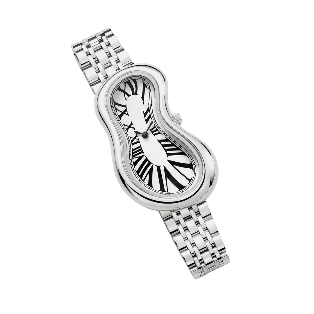 Diagonal view of Warped Watch Jubilee Silver with a white Roman numeral dial and silver-tone link bracelet