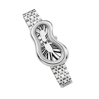 Diagonal view of Warped Watch Jubilee Silver with a white Roman numeral dial and silver-tone link bracelet