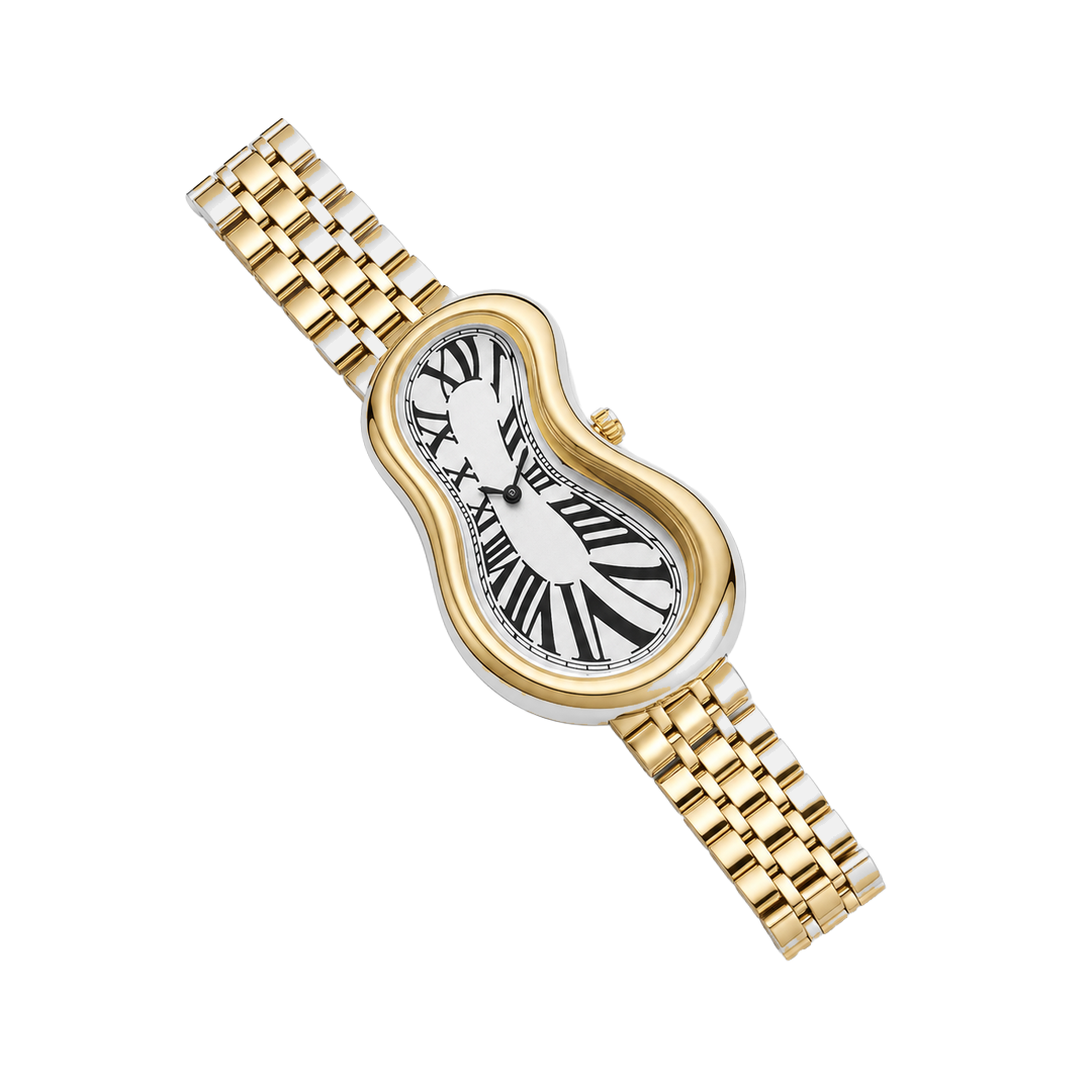 Diagonal view of Warped Watch Jubilee Gold with a white Roman numeral dial and gold-tone link bracelet