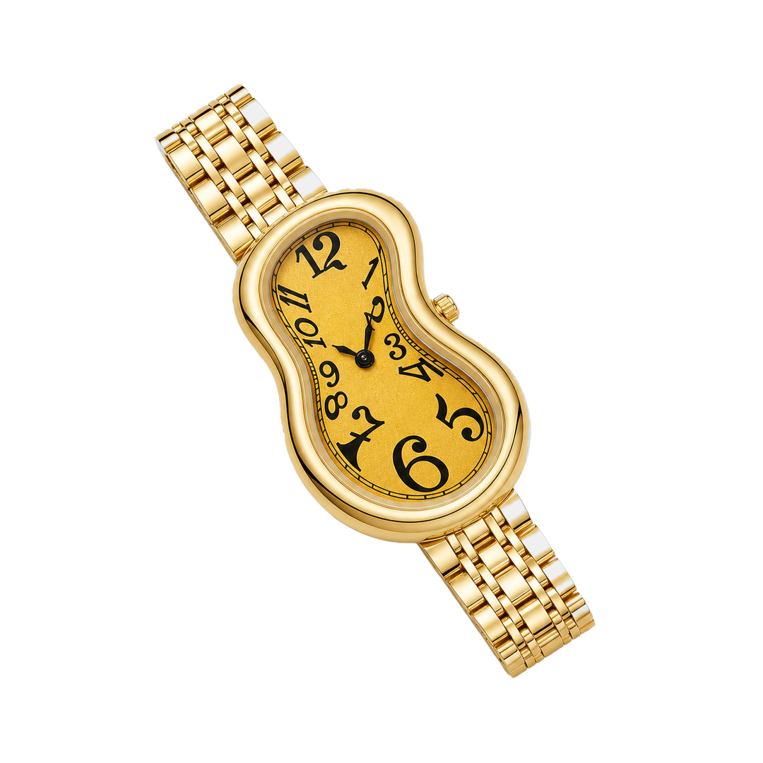 Diagonal view of Warped Watch Jubilee Yellow with a yellow dial, irregular black numerals, and gold-tone link bracelet