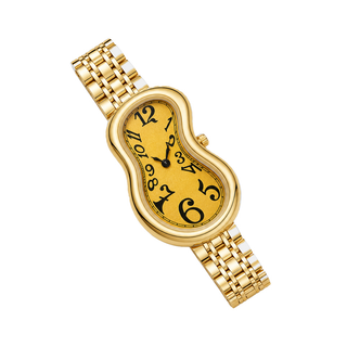 Diagonal view of Warped Watch Jubilee Yellow with a yellow dial, irregular black numerals, and gold-tone link bracelet