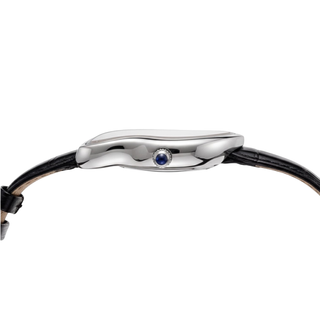 Side profile of Melting Watch Silver showing its curved case and black strap
