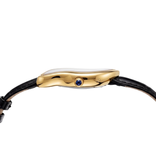 Side profile of Melting Watch Gold showing its curved case and black strap