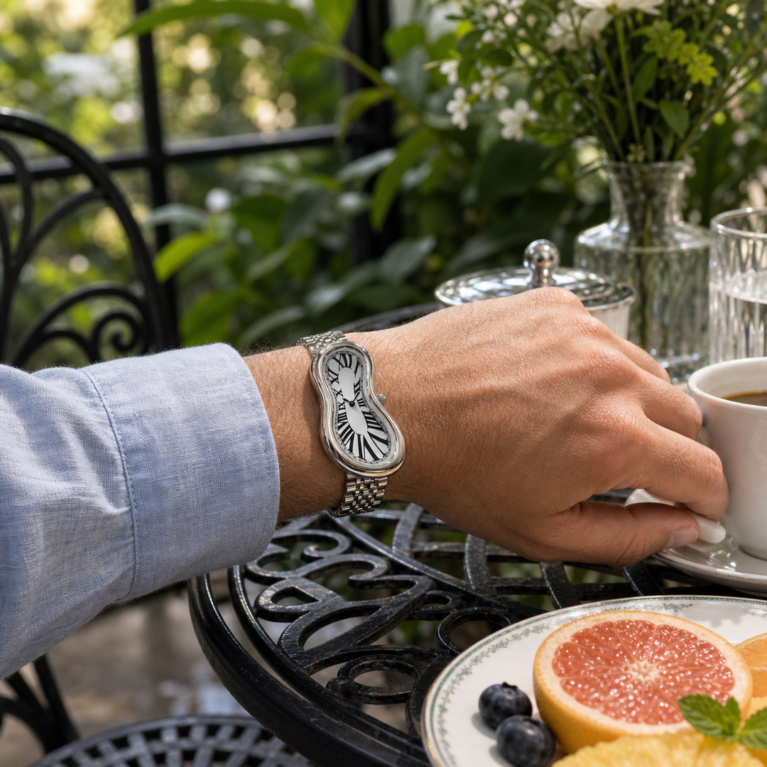 Warped Watch Jubilee Silver worn on wrist at an outdoor breakfast table