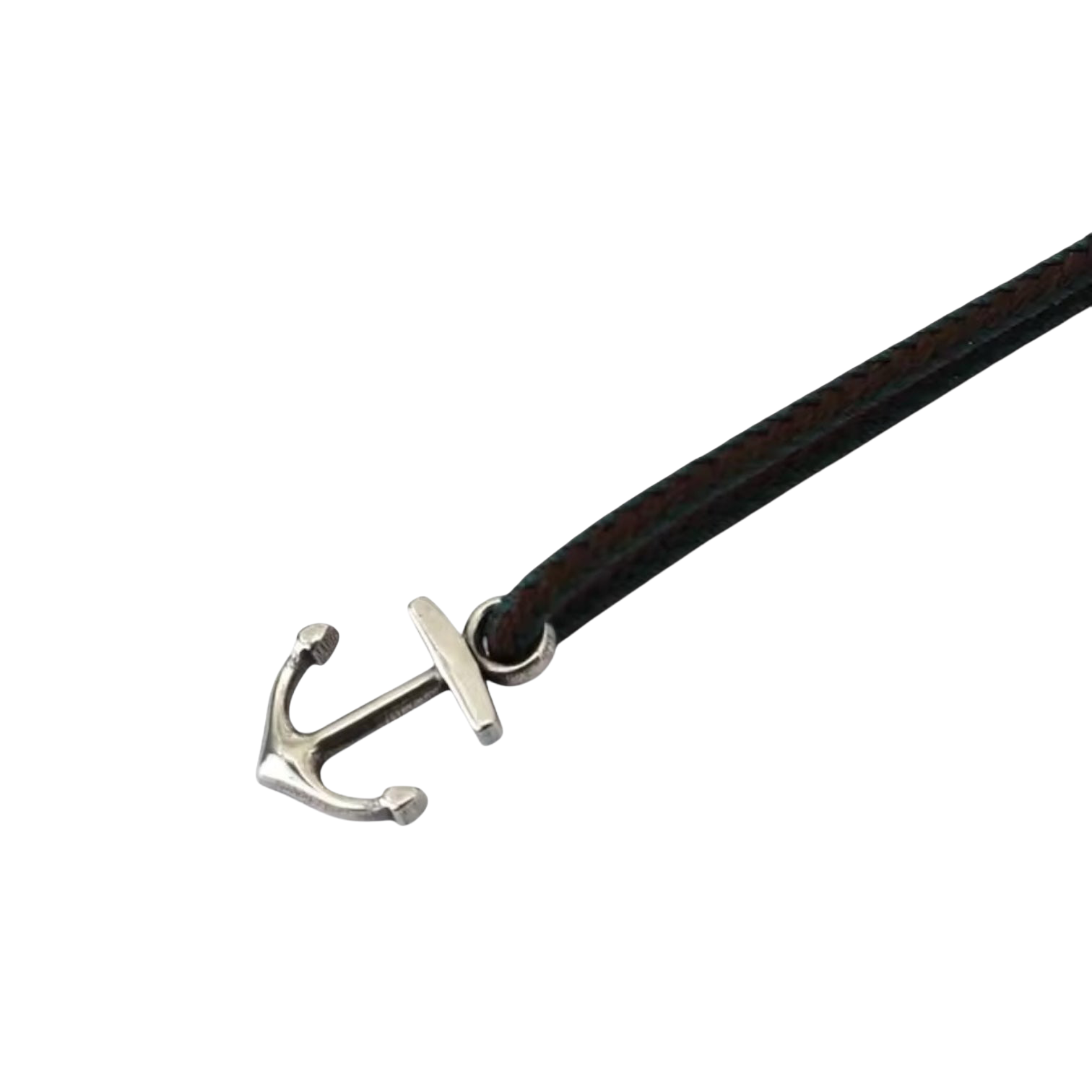 Close-up of the Old Money Anchor Bracelet's silver-tone anchor closure and dark cord