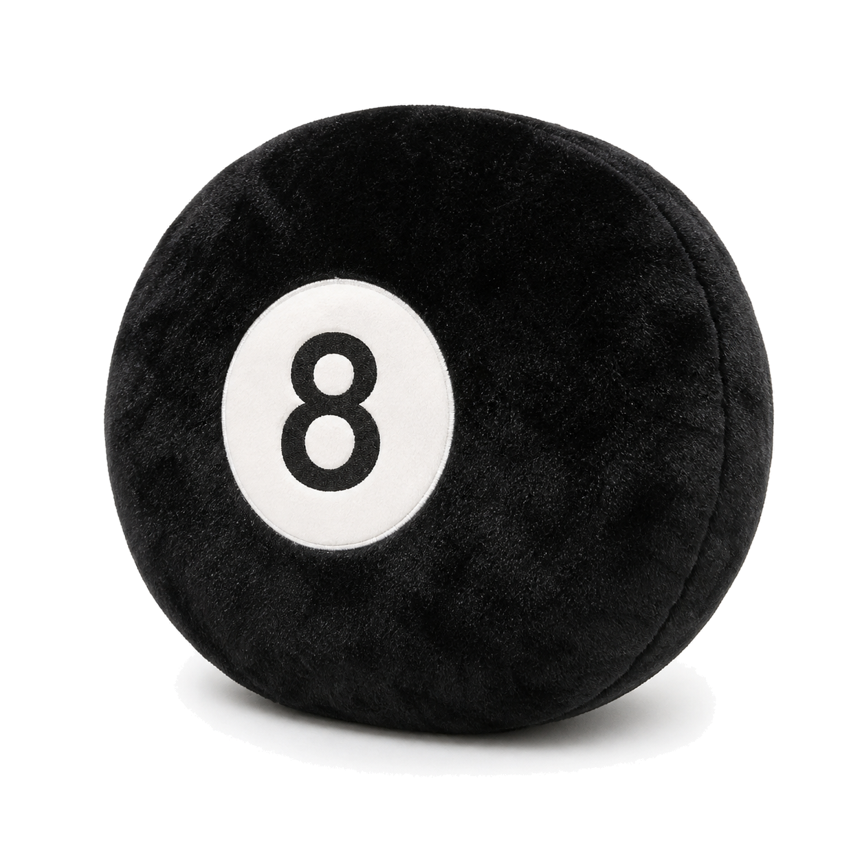 Black 8-Ball Pillow on a white background, three-quarter view showing plush depth