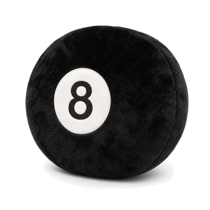 Black 8-Ball Pillow on a white background, three-quarter view showing plush depth