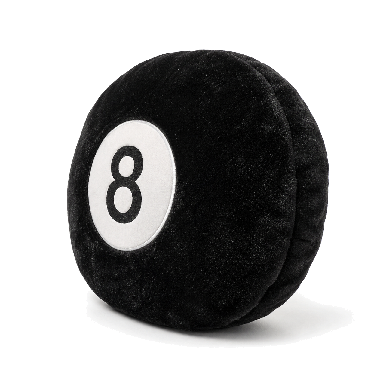 Black 8-Ball Pillow on a white background, side profile showing stuffed thickness