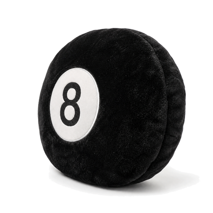 Black 8-Ball Pillow on a white background, side profile showing stuffed thickness