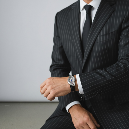 Phantom Silver by Ombré Noir worn with pinstripe suit