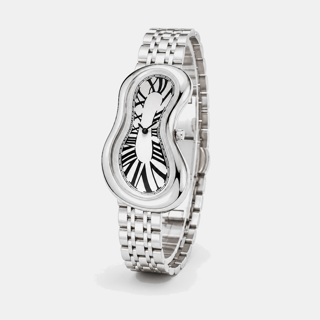 Warped Watch Jubilee Silver angled side view showing polished silver bracelet