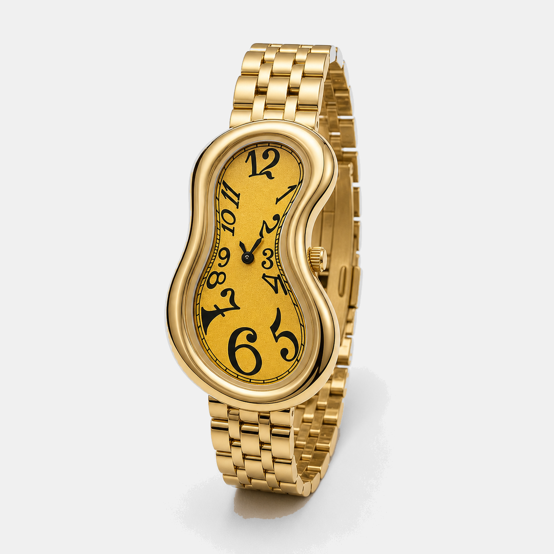 Warped Watch Jubilee Yellow angled side view with sculptural gold case