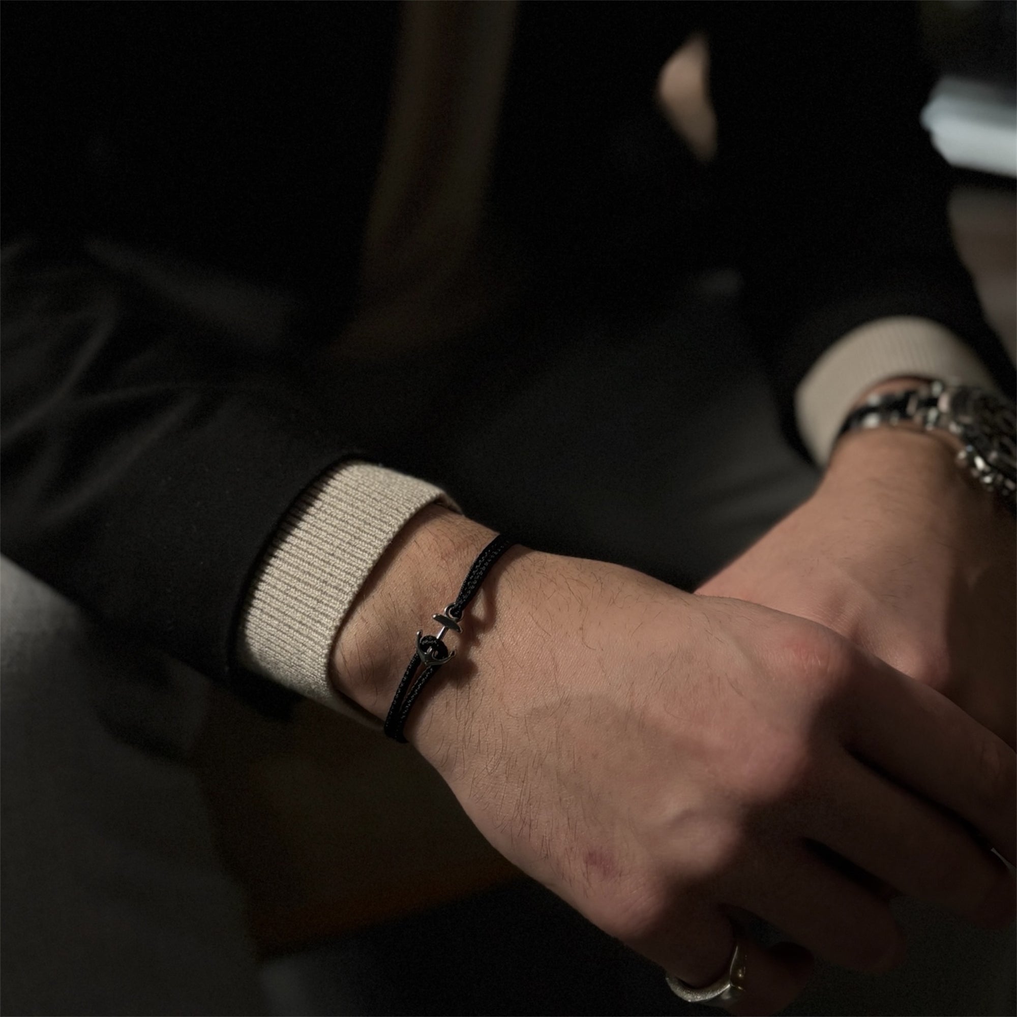 Old Money Anchor Bracelet by Ombré Noir black variant on wrist