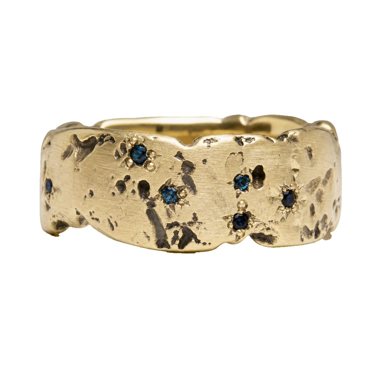 Gold Starfall Ring with textured celestial details and blue stone accents