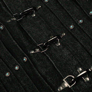 Latch Buckle Denim Jacket detail with metal clasp fastenings, turquoise-colour studs and dark denim texture