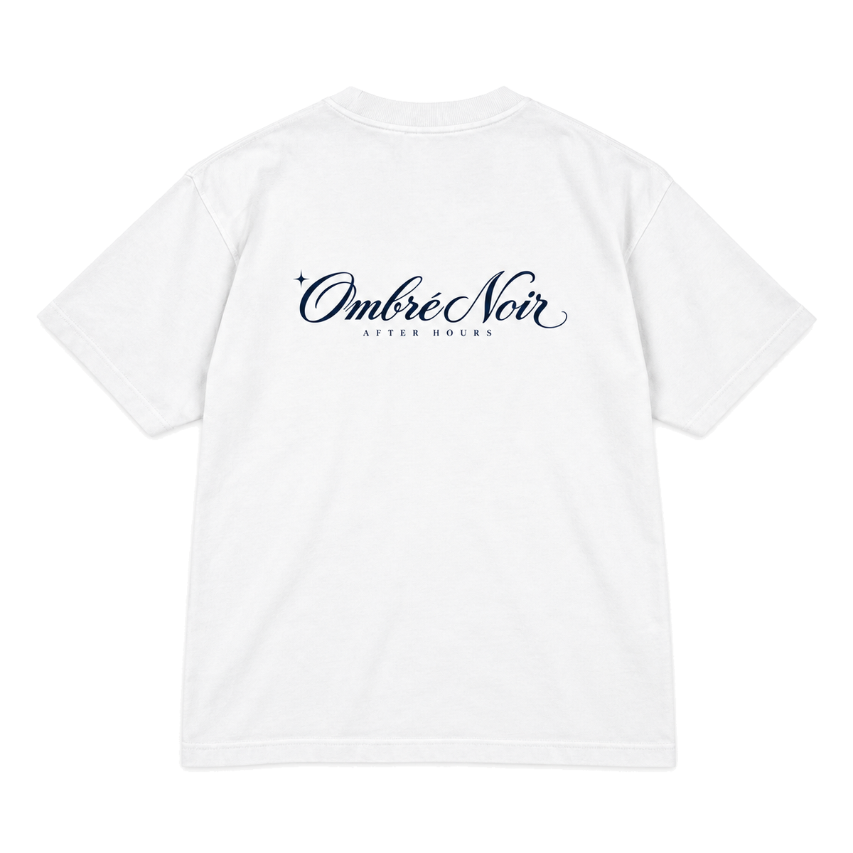 After Hours Graphic Tee in white, flat back view with navy Ombré Noir After Hours print