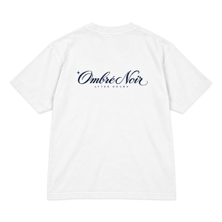 After Hours Graphic Tee in white, flat back view with navy Ombré Noir After Hours print