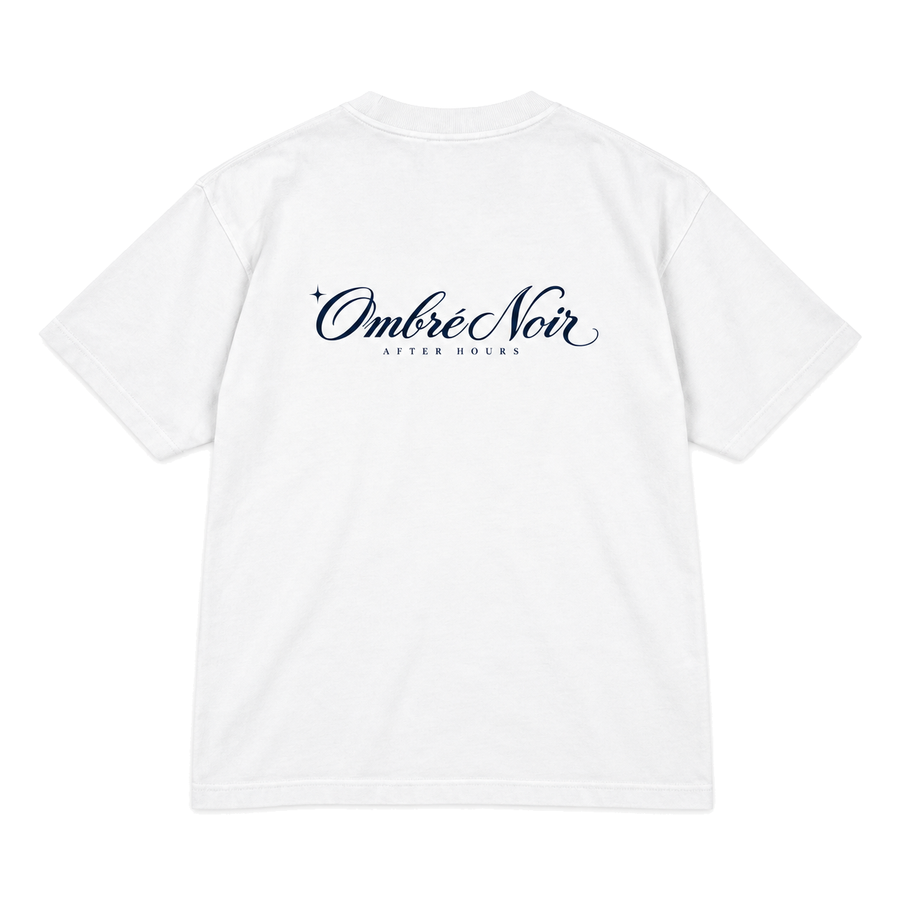 After Hours Graphic Tee in white, flat back view with navy Ombré Noir After Hours print