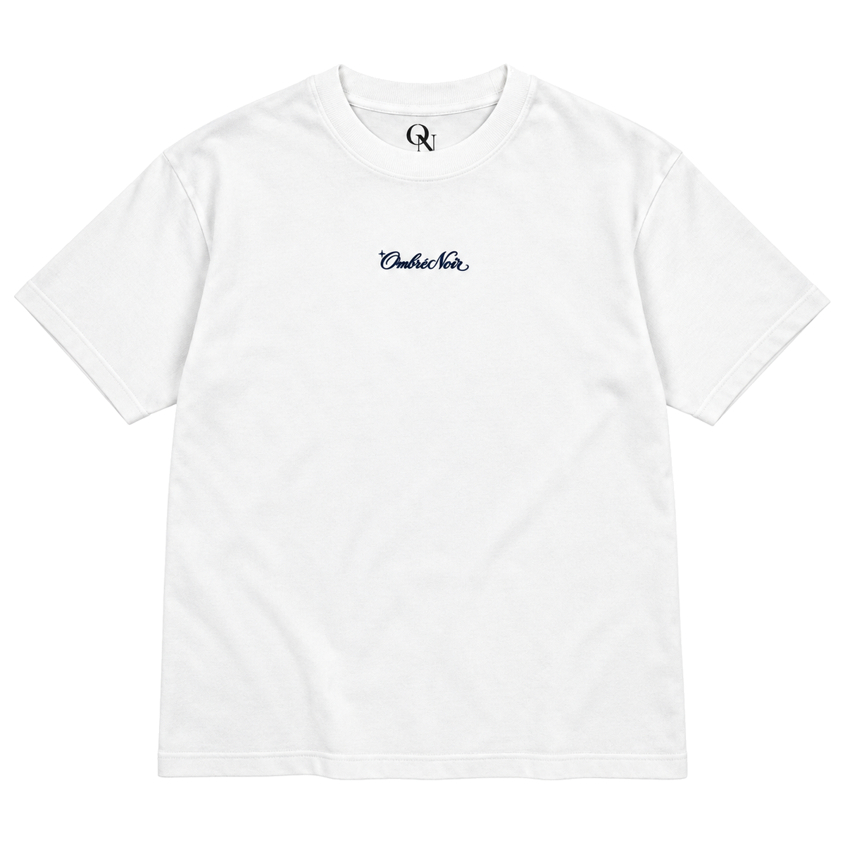 After Hours Graphic Tee in white, flat front view with small navy Ombré Noir chest script