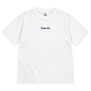 After Hours Graphic Tee in white, flat front view with small navy Ombré Noir chest script
