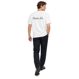 Model wearing the white After Hours graphic tee, full-body back view of the navy print