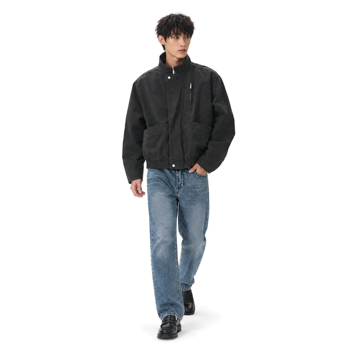 Altitude Stand-Collar Bomber — dark grey grey full-body model view