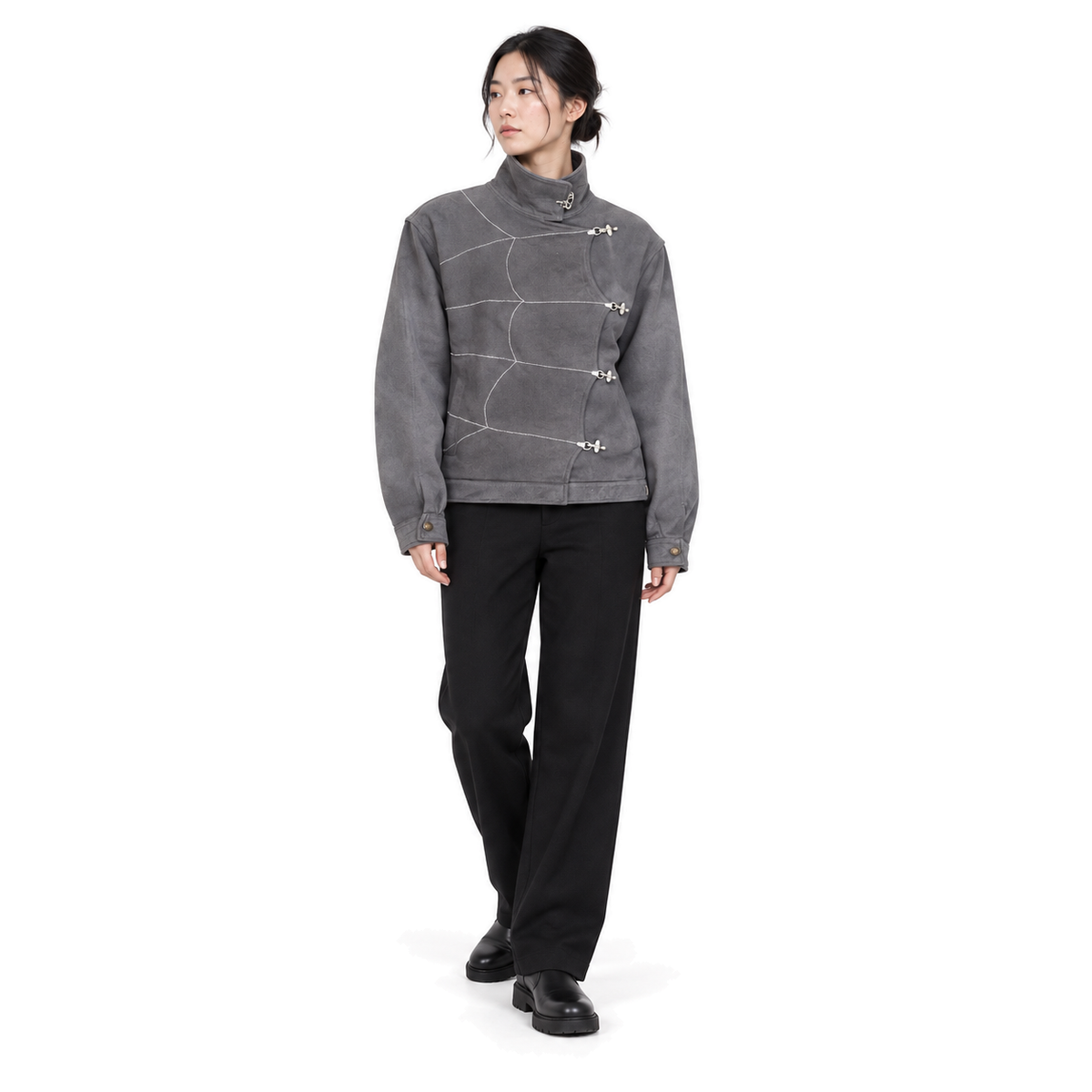 Arachné Clasp Jacket — grey full-body model view