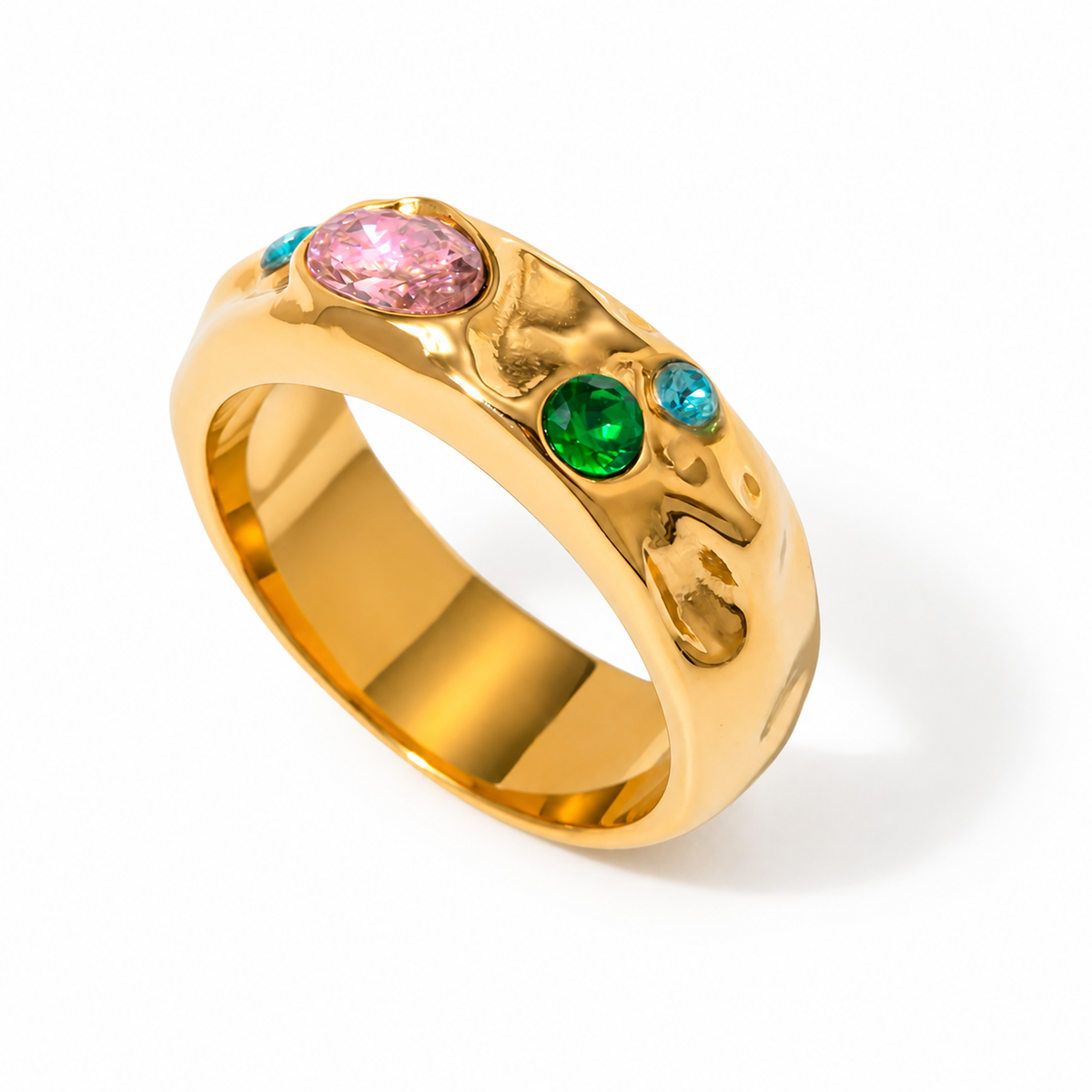 Aurelia Prism gold-plated statement ring with asymmetric multicolor stones
