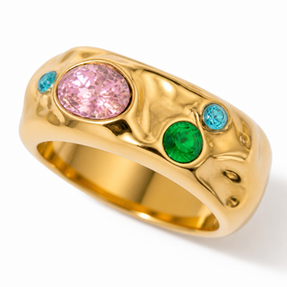 Close-up of Aurelia Prism Ring multicolor stones and textured setting
