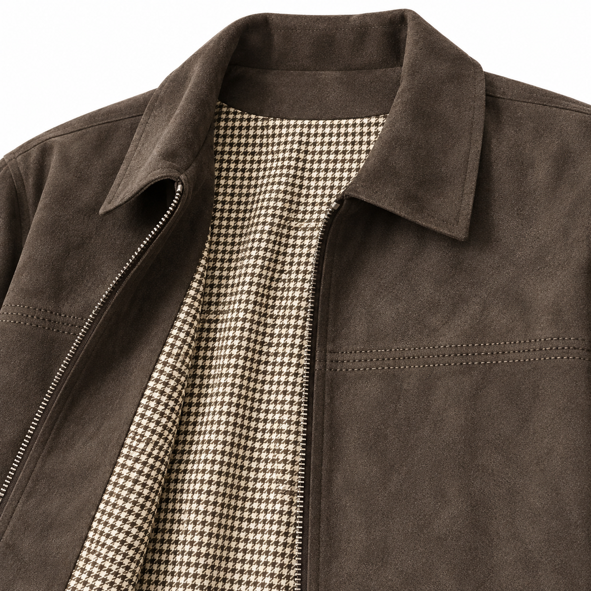 Close-up of the Cortez brown faux-suede bomber jacket