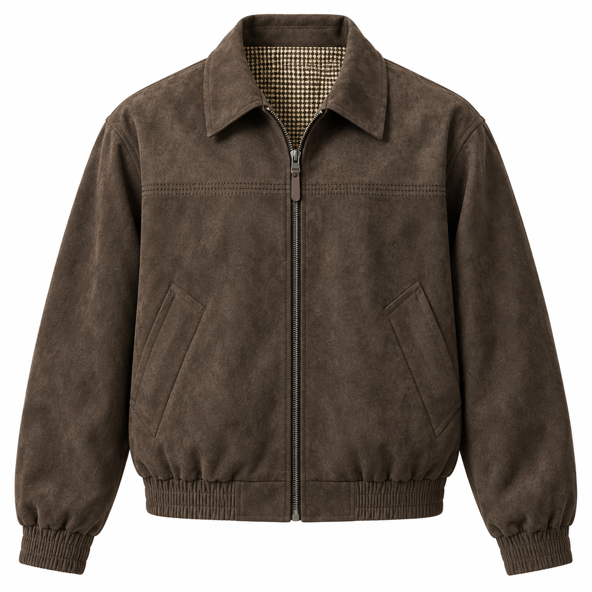 Cortez brown faux-suede bomber jacket, front view with pointed collar and zip closure