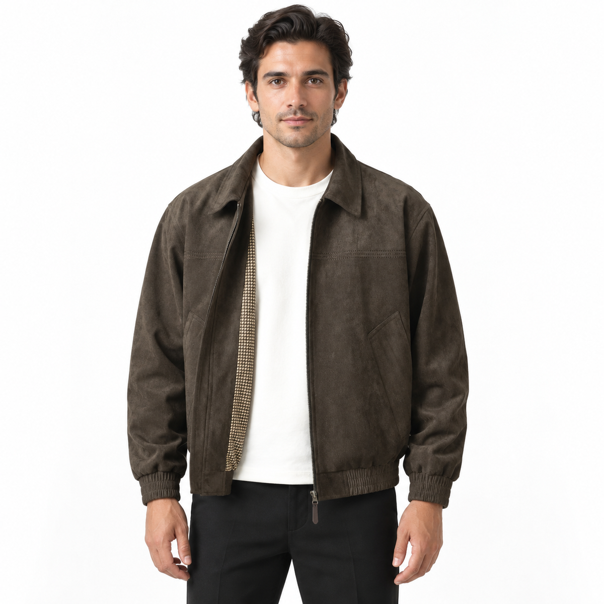 Front-facing model wearing the Cortez brown faux-suede bomber jacket