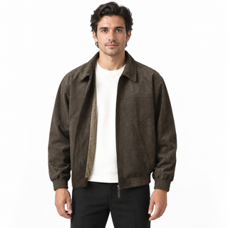 Front-facing model wearing the Cortez brown faux-suede bomber jacket