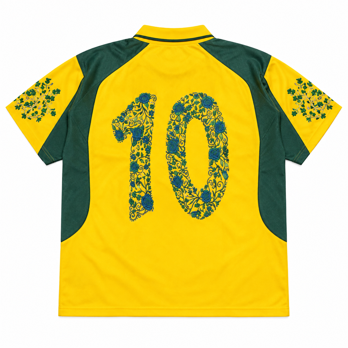 Brazil yellow-and-green jersey, back view with floral number 10