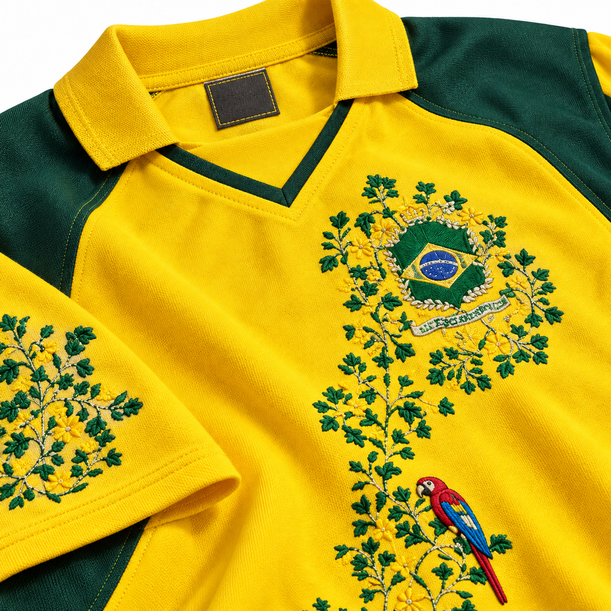 Close-up of embroidery on the Brazil yellow-and-green jersey