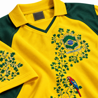 Close-up of embroidery on the Brazil yellow-and-green jersey