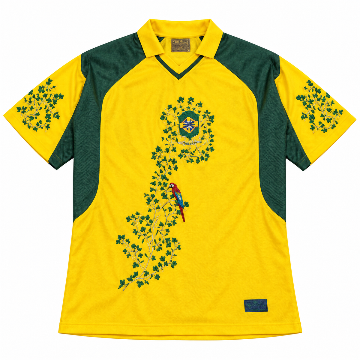 Brazil yellow-and-green botanical embroidered jersey, front view
