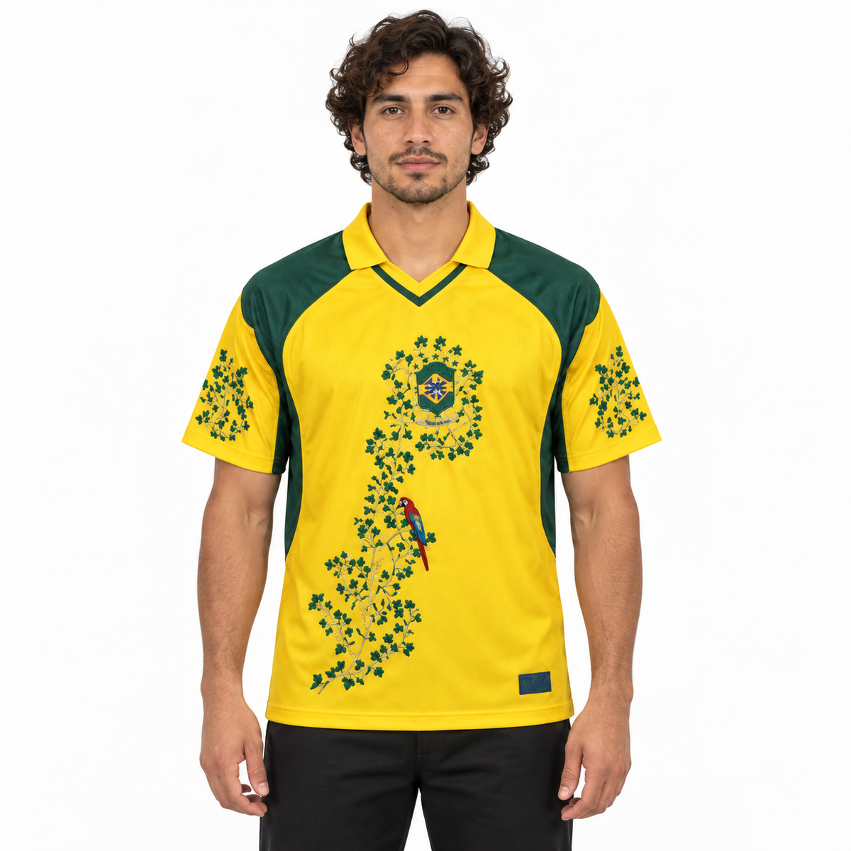 Front-facing model wearing the Brazil yellow-and-green embroidered jersey