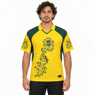 Front-facing model wearing the Brazil yellow-and-green embroidered jersey