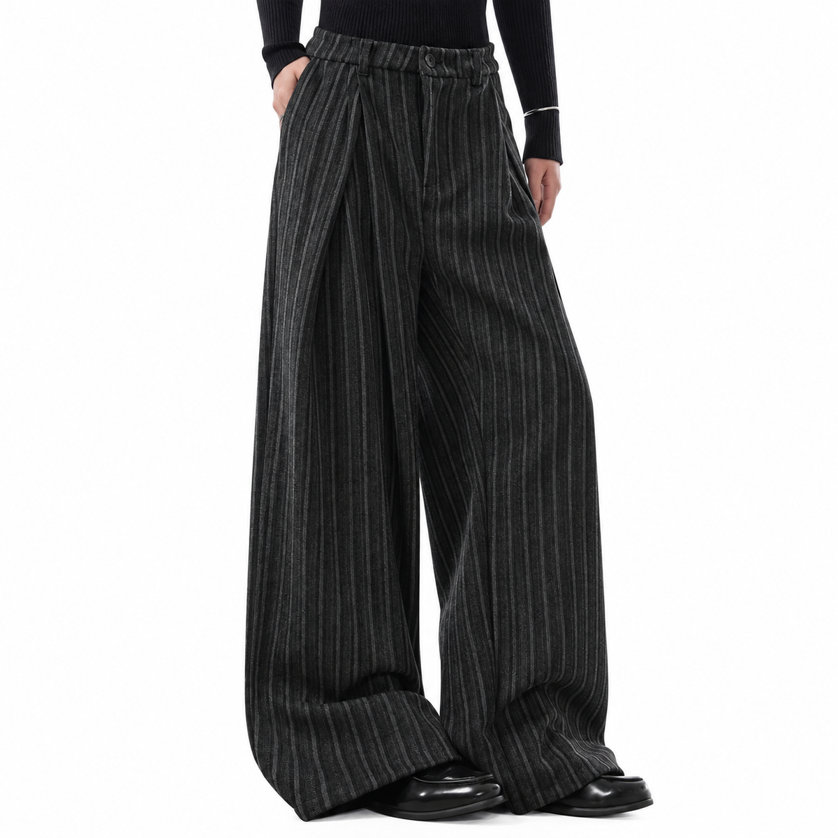 Cadence Pinstripe Wide-Leg Trousers in Dark Gray, detail close-up