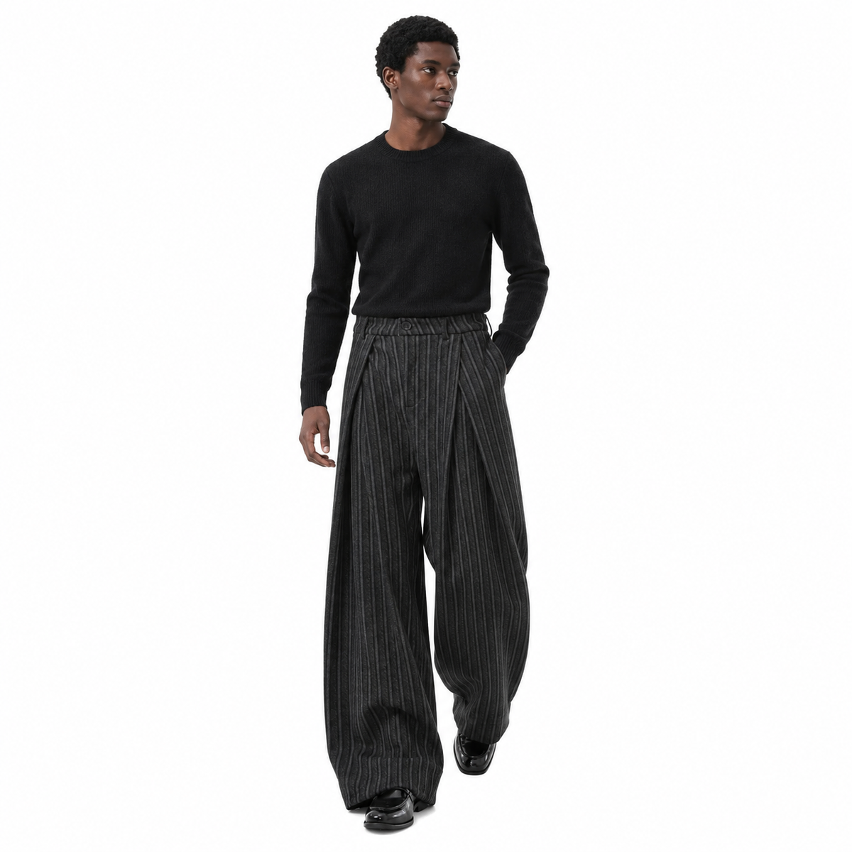 Cadence Pinstripe Wide-Leg Trousers in Dark Gray, full-body model view
