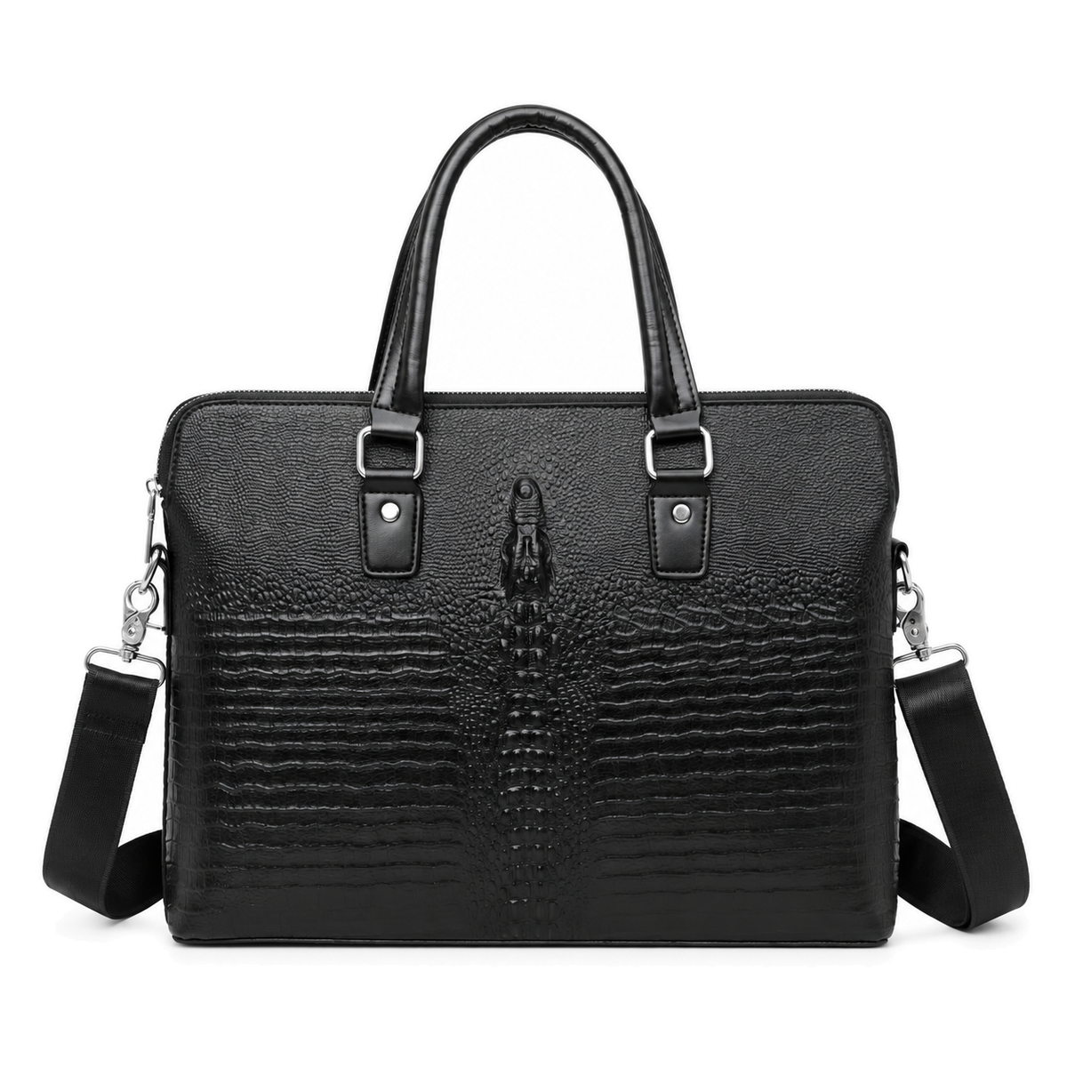 Caiman Relief Briefcase — black crocodile-relief style, front view