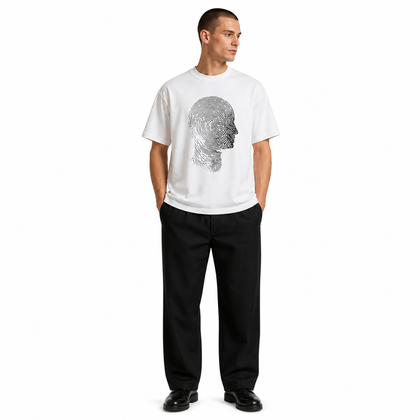 Model wearing the Cipher Blanc Heavyweight T-Shirt on white