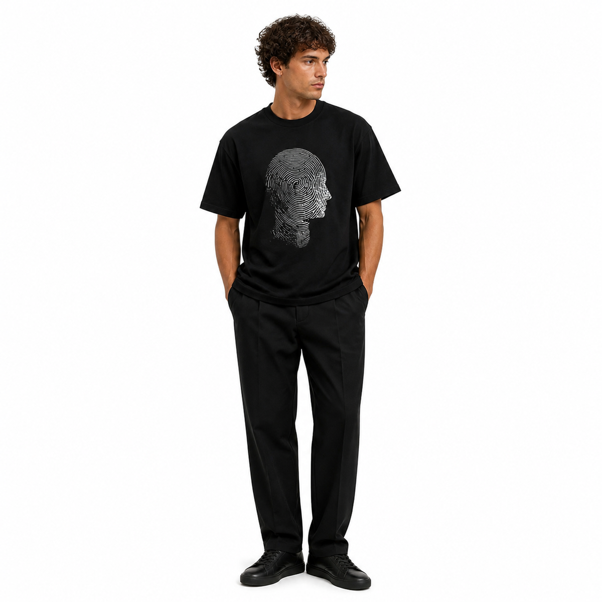 Model wearing the Cipher Noir Heavyweight T-Shirt on white